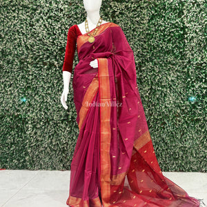 Magenta Butta Design Silk Cotton Maheshwari Saree with Zari Border