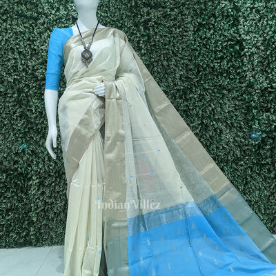 White Surf Blue Pure Silk Cotton Maheshwari Saree
