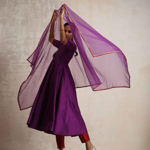 trueBrowns Purple Silk Anarkali Kurta Pant Dupatta Set