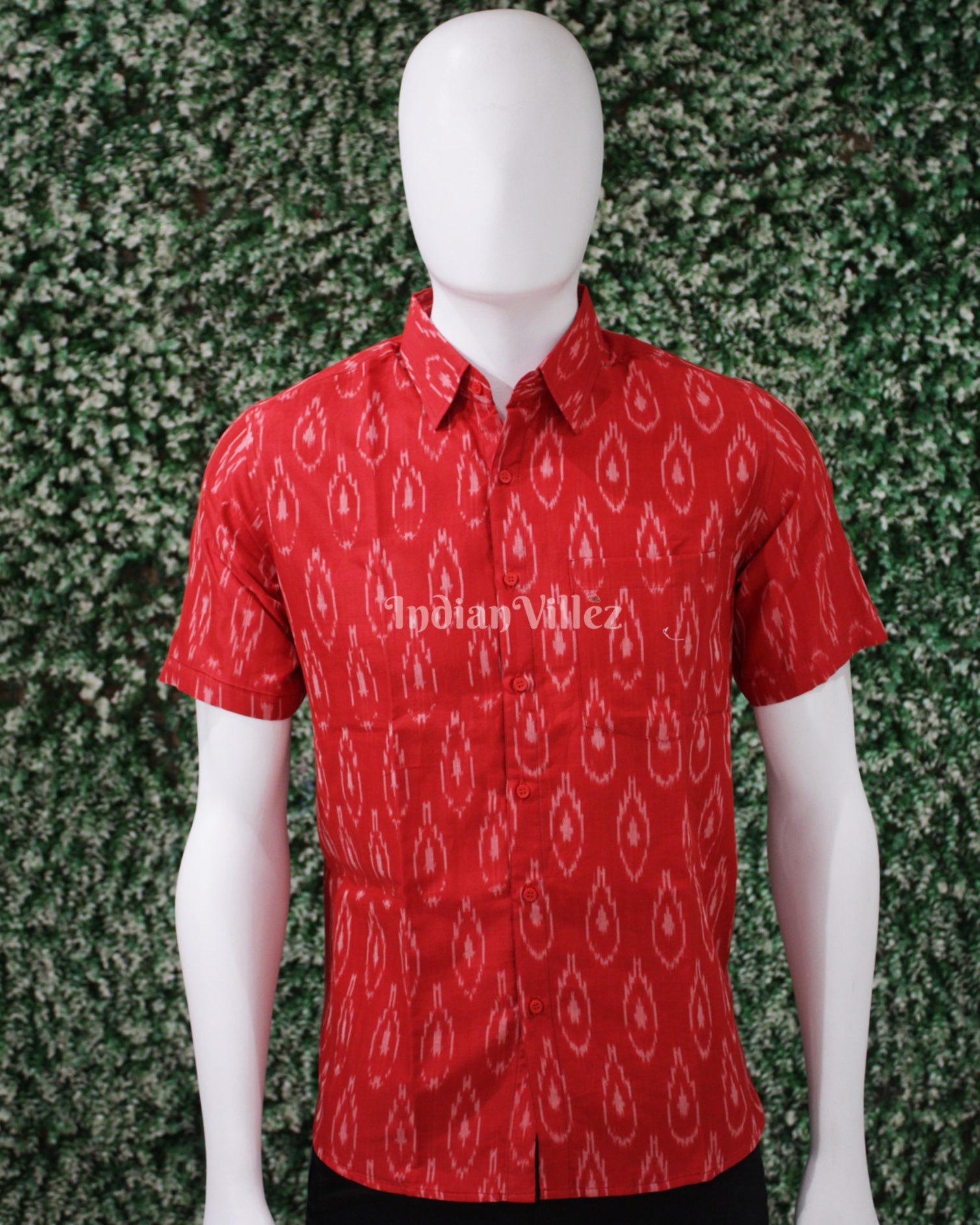 Red Pochampally Ikat Cotton Half Sleeve Shirt for Men