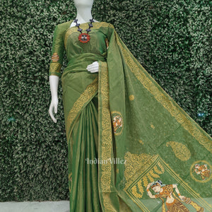 Green Nartaki Theme Hand- Painted Pattachitra Saree