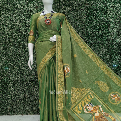Green Nartaki Theme Hand- Painted Pattachitra Saree