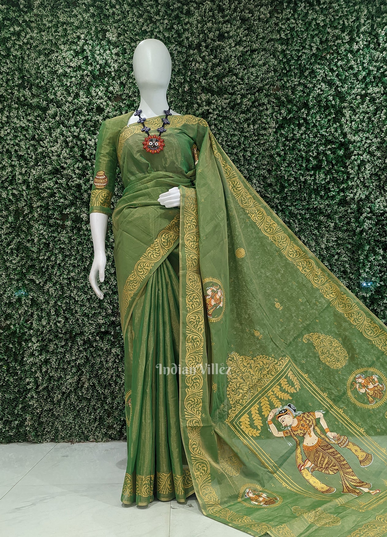 Green Nartaki Theme Hand- Painted Pattachitra Saree