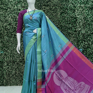 Light Blue Pink Bishnupuri Silk Saree with Budha Tissue Anchal