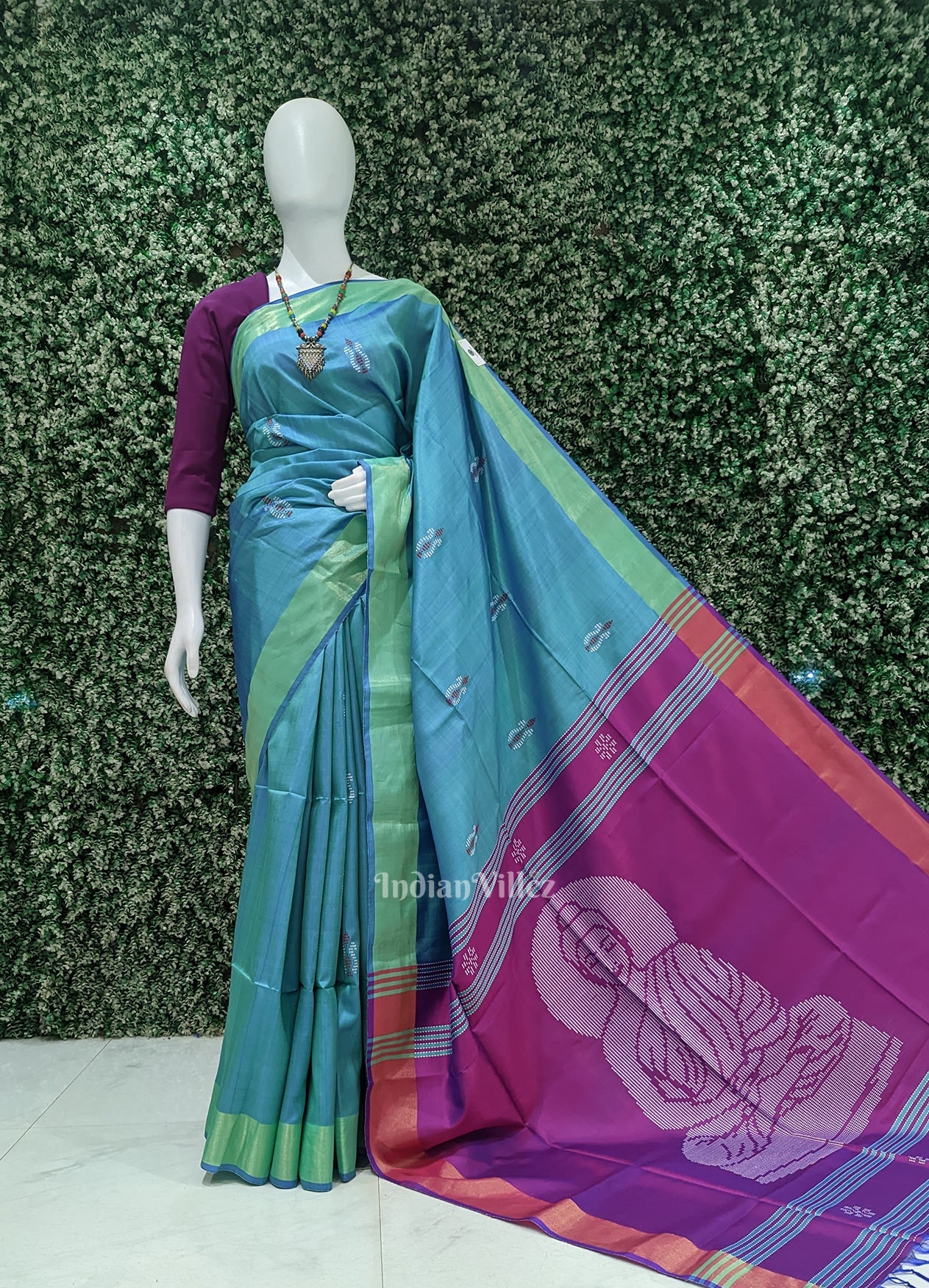 Light Blue Pink Bishnupuri Silk Saree with Budha Tissue Anchal