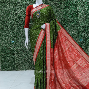 Dark Green With Red Anchal Tribal Theme Sambalpuri Silk Saree