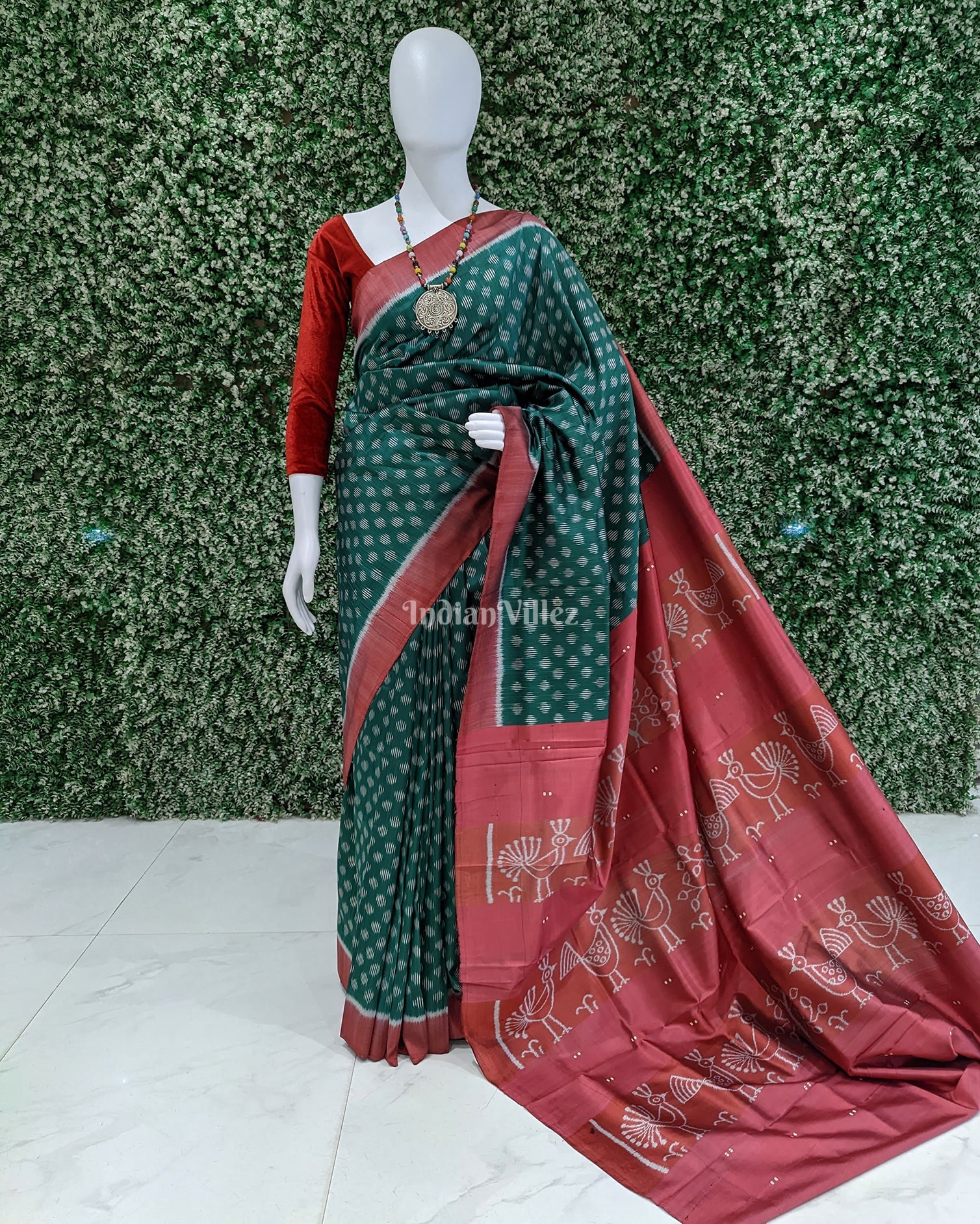 Green Pink Contemporary Odisha Ikat Silk Saree