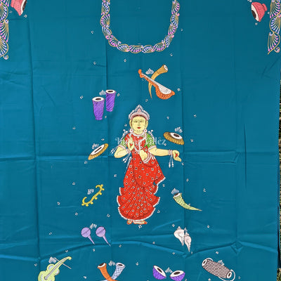 Peocock Green Nartaki Theme Pattachitra Kurti Cotton Dress Material