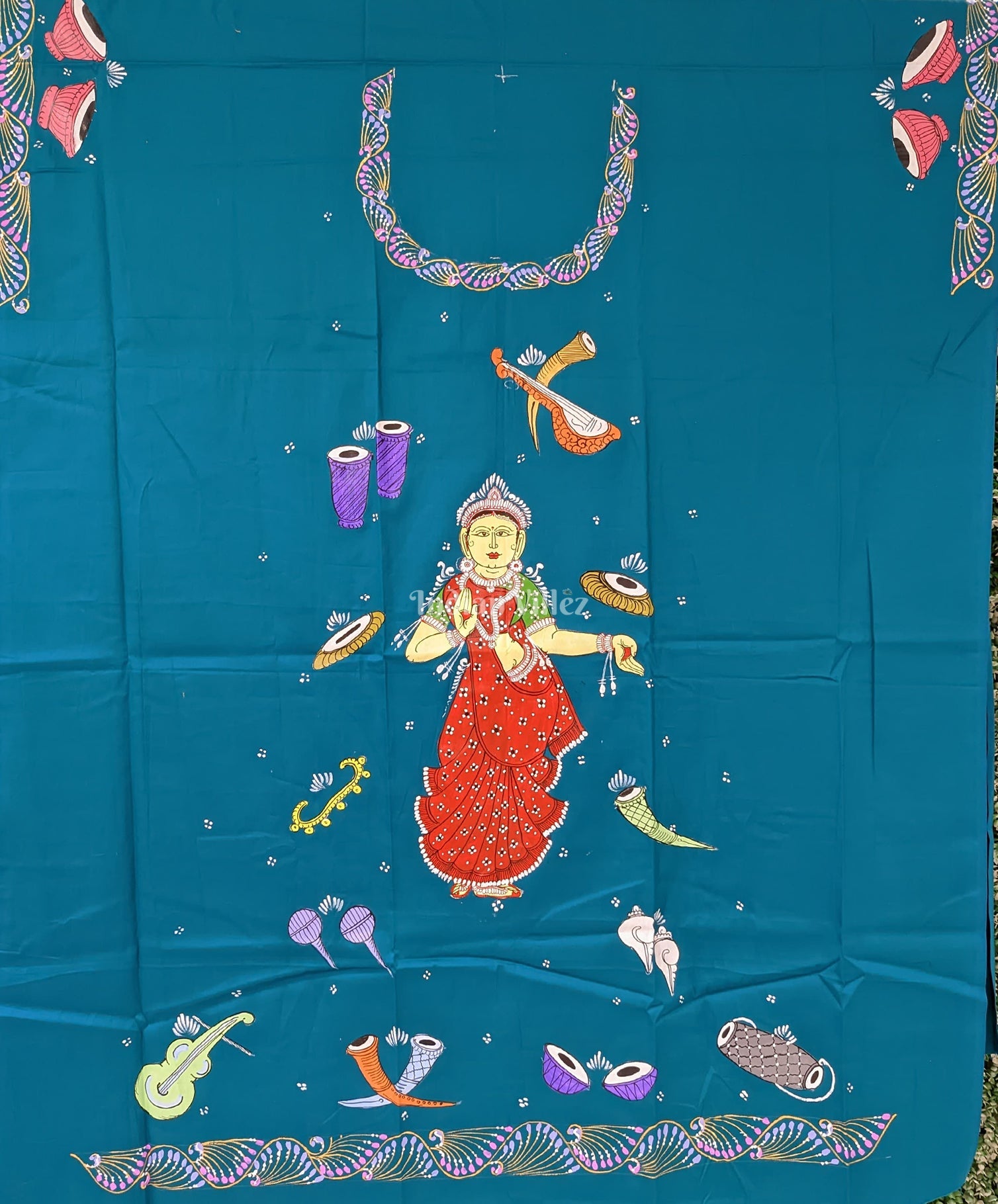 Peocock Green Nartaki Theme Pattachitra Kurti Cotton Dress Material