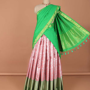 Pink  floral vine design art-silk half saree, contrast traditional zari border,zari design blouse & floral design dhavani