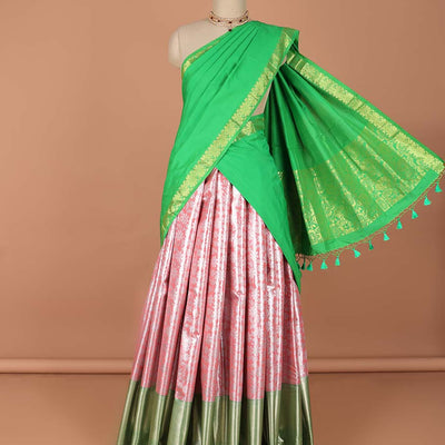 Pink  floral vine design art-silk half saree, contrast traditional zari border,zari design blouse & floral design dhavani