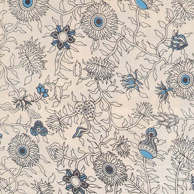Blue unique floral machine-printed kalamkari cotton saree, contrast floral border & floral & diamond pallu