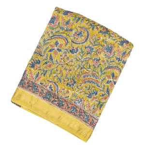 Lime Green Handloom Chanderi Cotton Saree With Printed Floral Motifs