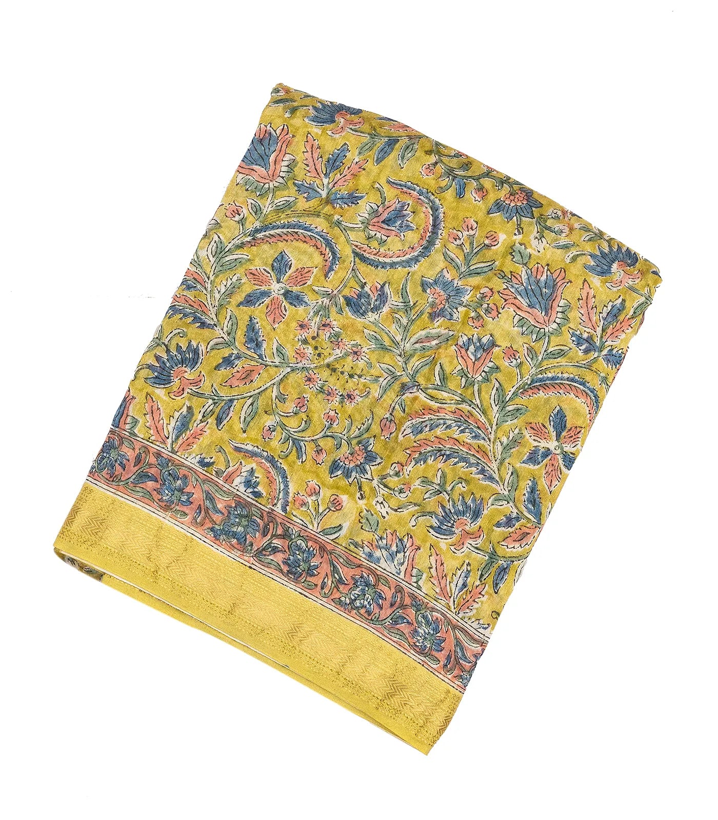 Lime Green Handloom Chanderi Cotton Saree With Printed Floral Motifs