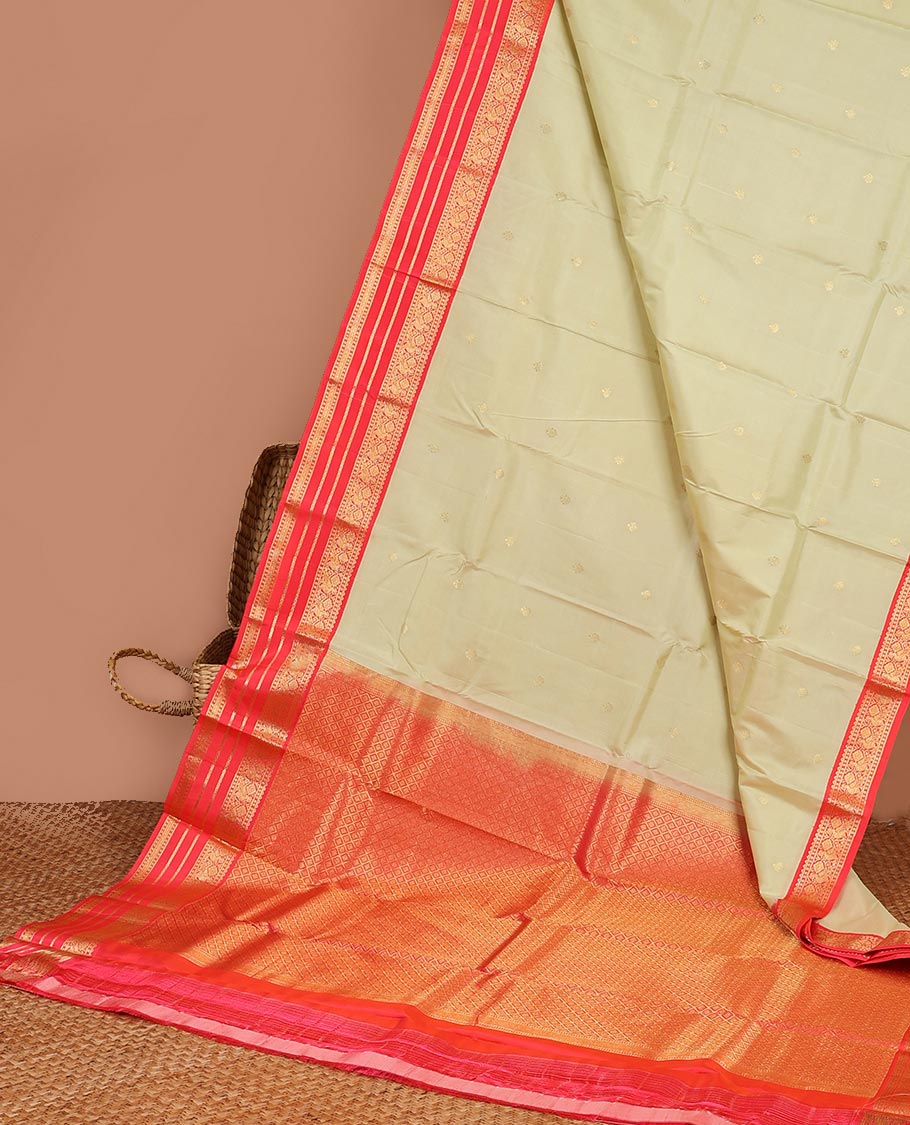 Cream floral buttas silk saree with korvai border of rekku , mayil design & intricate jaal zari design pallu