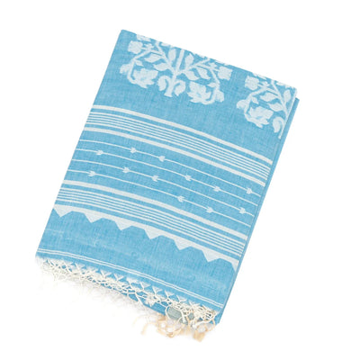 Light Blue Handloom Bengal Cotton Saree With Mango Buttas