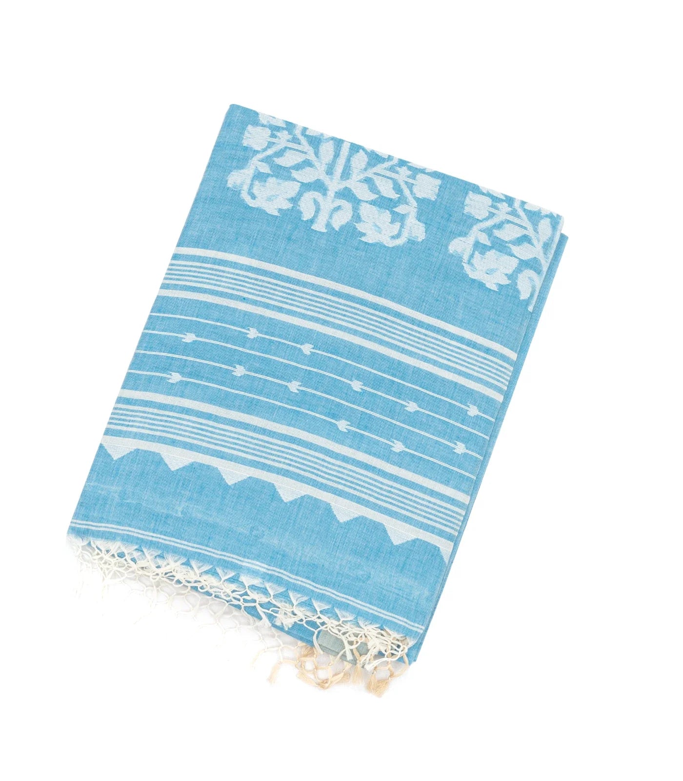 Light Blue Handloom Bengal Cotton Saree With Mango Buttas