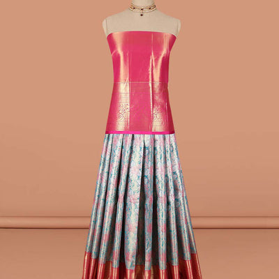 Blue floral vine design art-silk half saree, contrast traditional zari border,zari design blouse & striped geometric dhavani