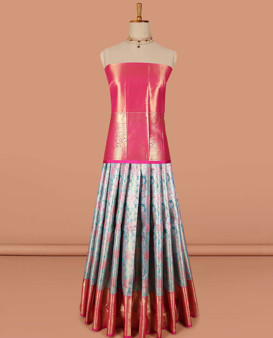 Blue floral vine design art-silk half saree, contrast traditional zari border,zari design blouse & striped geometric dhavani