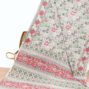 Off-white unique floral machine-printed kalamkari cotton saree, floral design border & floral & geometric pallu