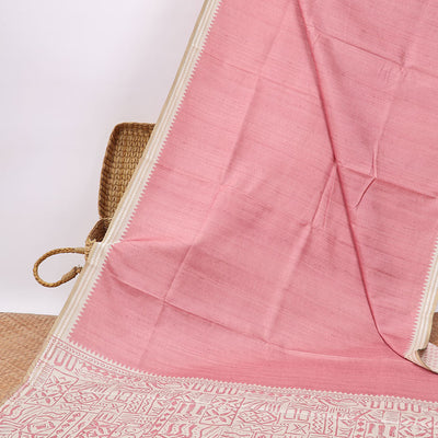 Pink semi-banaras tussar saree with contrast striped border & egypt theme pallu