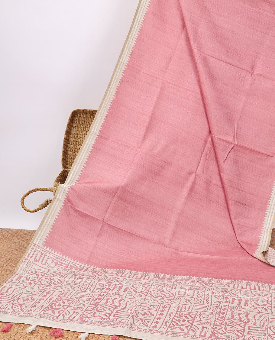 Pink semi-banaras tussar saree with contrast striped border & egypt theme pallu
