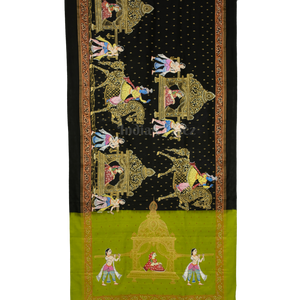 Black with Parrot Green Doli Barat/Palki Theme Hand-Painted Pattachitra Saree