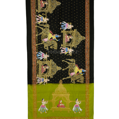 Black with Parrot Green Doli Barat/Palki Theme Hand-Painted Pattachitra Saree