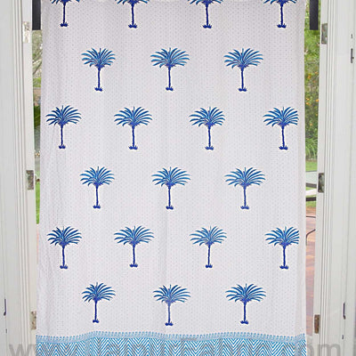 Sky Blue Palm Polka Cotton Grommet Curtain
