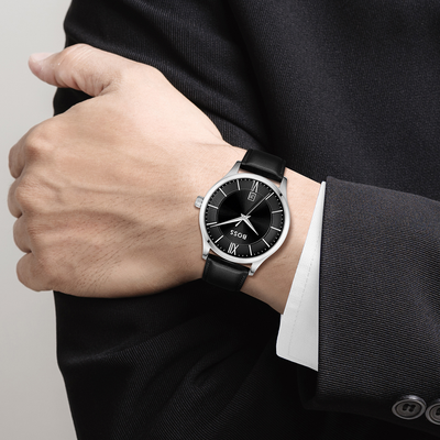 Elite Men Quartz Black Dial Analog Leather Watch 1513954