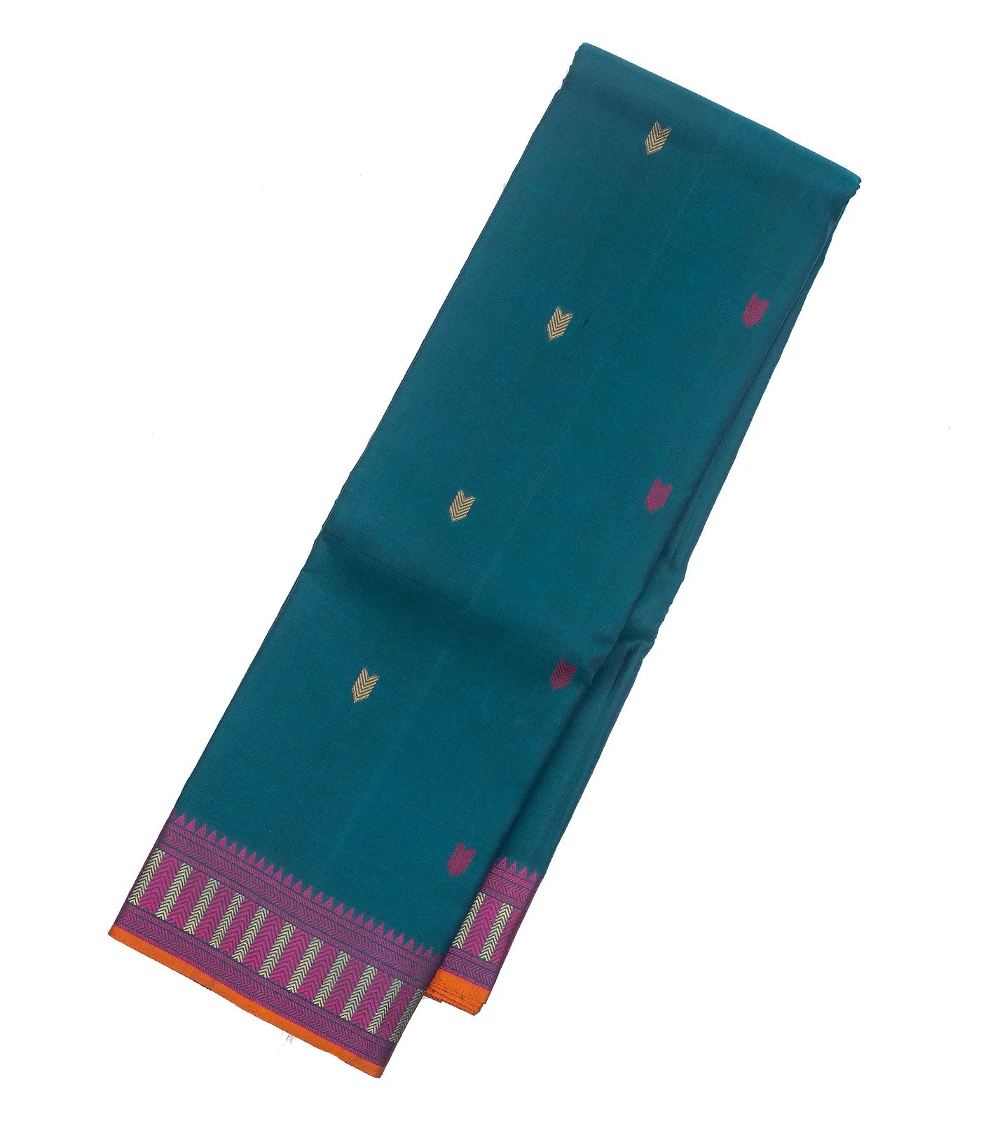 Cyan Handloom Kanchi Cotton Saree With Vanki Motifs