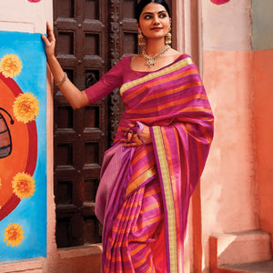 Pink & Orange Handloom Kanchipuram Silk Saree With Stripes