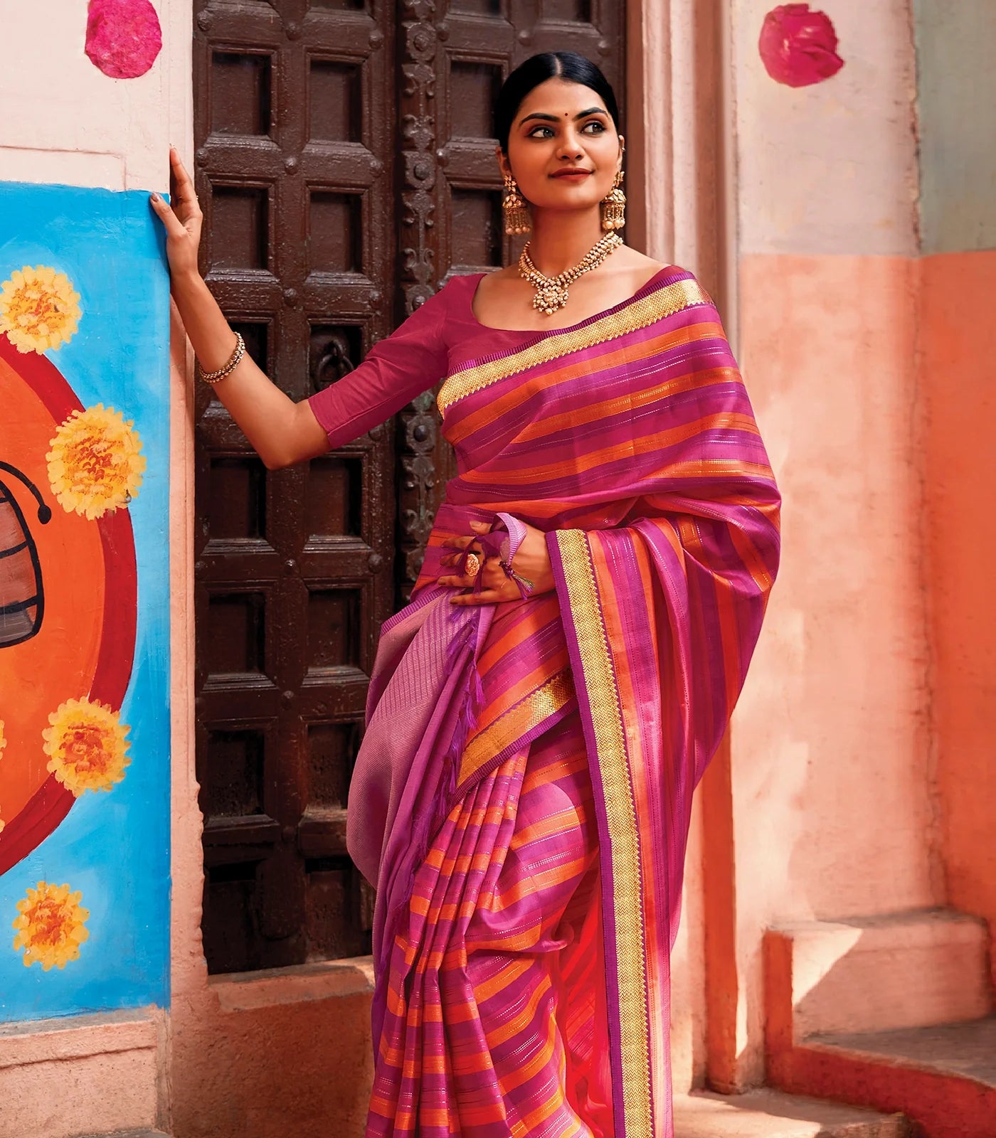 Pink & Orange Handloom Kanchipuram Silk Saree With Stripes