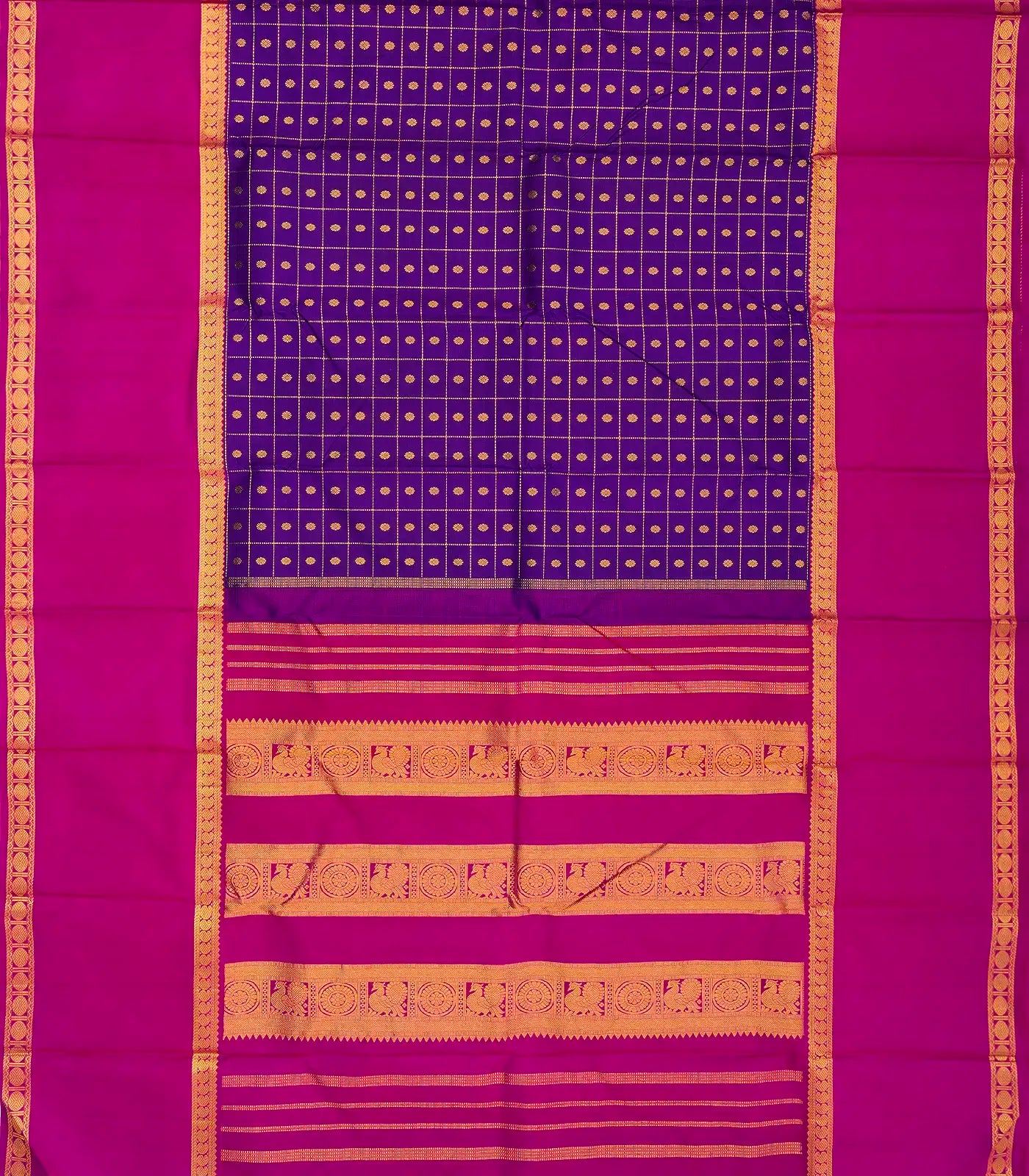 Purple Handloom Kanchipuram Korvai Silk Saree With Checks