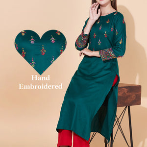 Ethnic Hand Embroidered Straight Fit Kurta - Dark Green