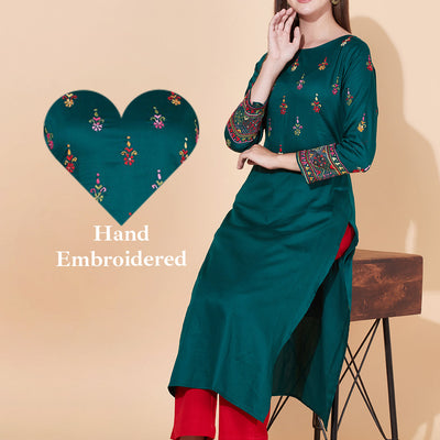 Ethnic Hand Embroidered Straight Fit Kurta - Dark Green
