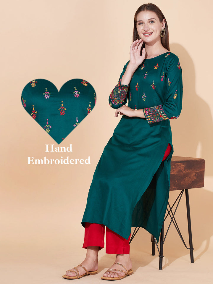 Ethnic Hand Embroidered Straight Fit Kurta - Dark Green