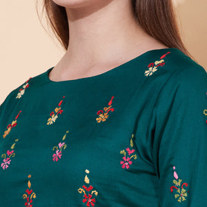 Ethnic Hand Embroidered Straight Fit Kurta - Dark Green