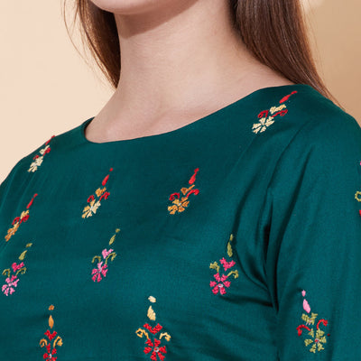 Ethnic Hand Embroidered Straight Fit Kurta - Dark Green