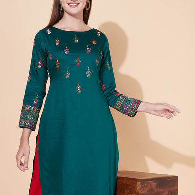 Ethnic Hand Embroidered Straight Fit Kurta - Dark Green