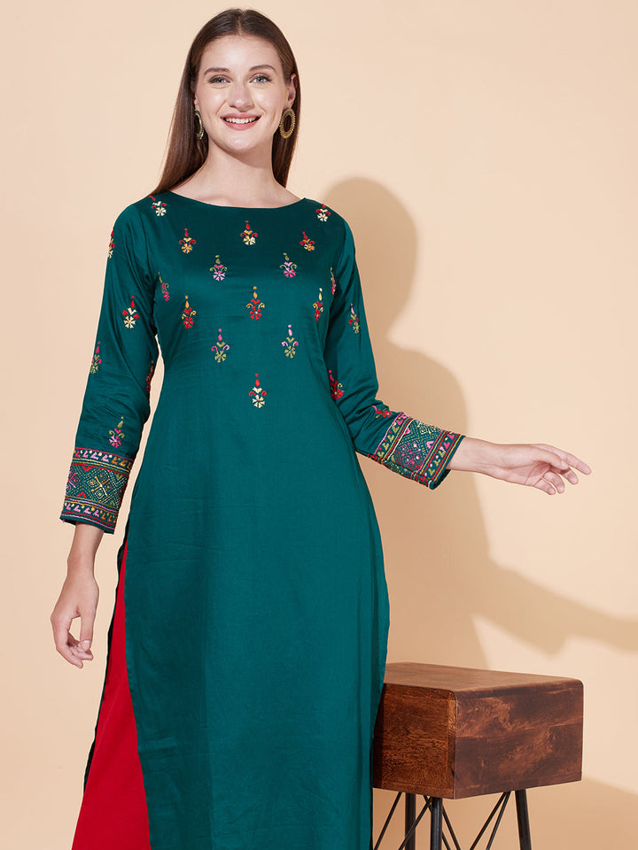 Ethnic Hand Embroidered Straight Fit Kurta - Dark Green