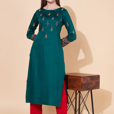Ethnic Hand Embroidered Straight Fit Kurta - Dark Green