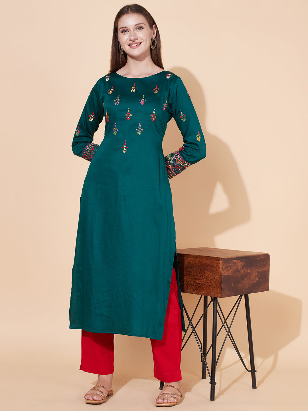 Ethnic Hand Embroidered Straight Fit Kurta - Dark Green