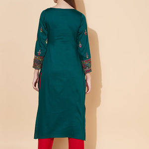 Ethnic Hand Embroidered Straight Fit Kurta - Dark Green