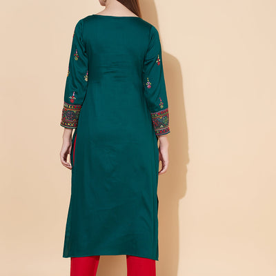 Ethnic Hand Embroidered Straight Fit Kurta - Dark Green