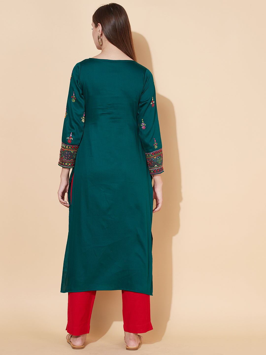 Ethnic Hand Embroidered Straight Fit Kurta - Dark Green