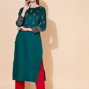 Ethnic Hand Embroidered Straight Fit Kurta - Dark Green