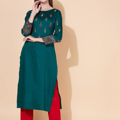 Ethnic Hand Embroidered Straight Fit Kurta - Dark Green