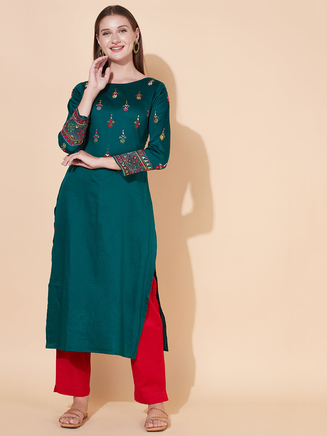 Ethnic Hand Embroidered Straight Fit Kurta - Dark Green