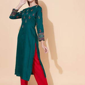 Ethnic Hand Embroidered Straight Fit Kurta - Dark Green